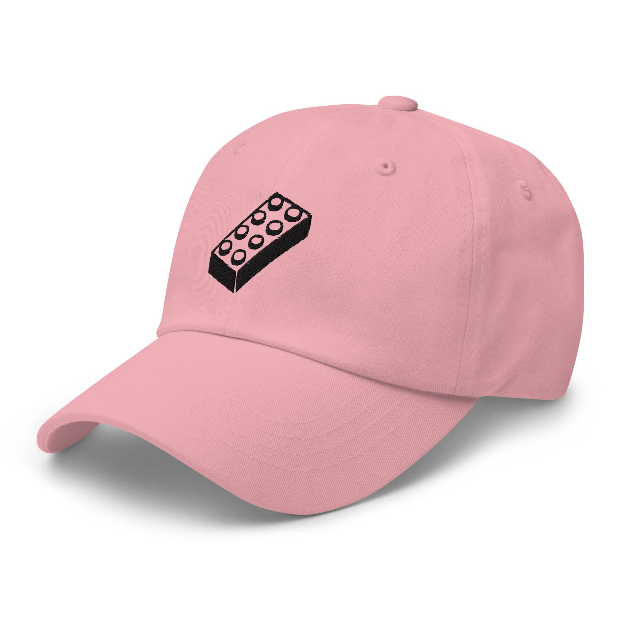 pink lego brick dad hat, angled view